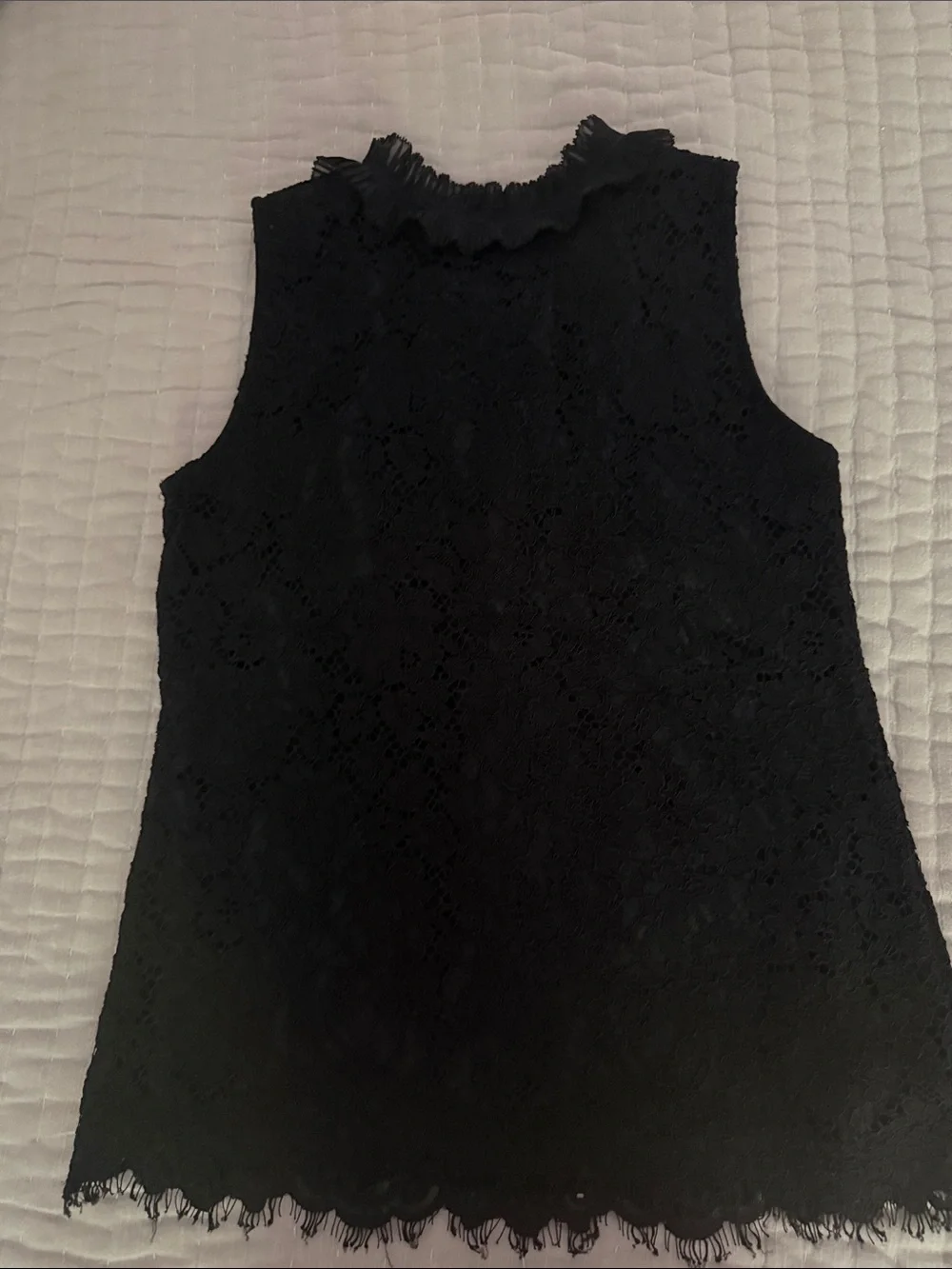 J. Crew Black Lace Sleeveless Ruffled Neck Top